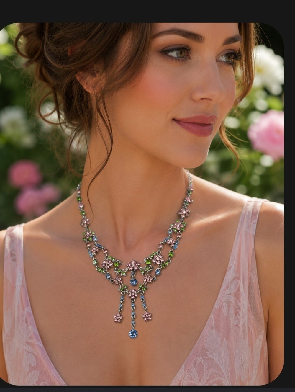 Pastel Floral Rhinestone Statement Necklace Pink Green Blue Crystal Bib Necklace